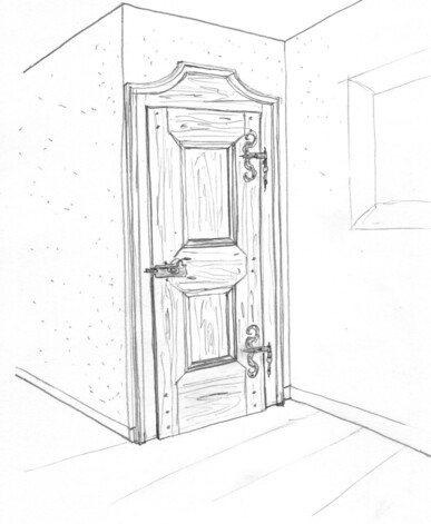 Bleistiftzeichnung einer historischen Holztür mit profilierten Füllungen und geschmiedeten Beschlägen in einer Raumecke.