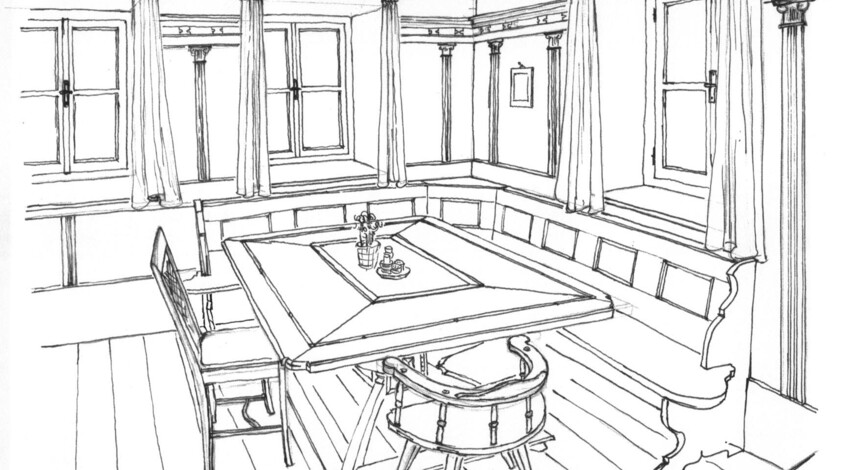 Skizze einer alpinen Stube mit Eckbank, Holztisch und Stühlen aus Altholz.