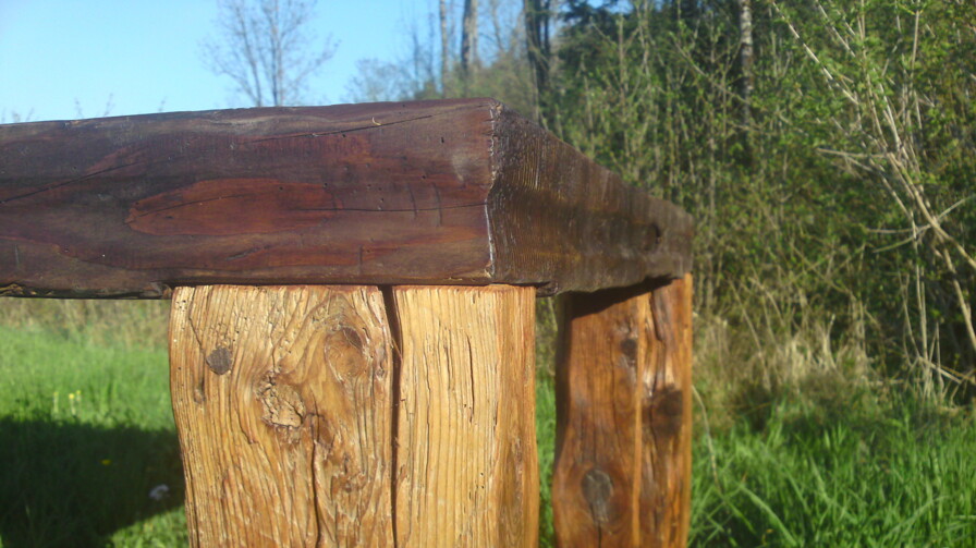 Konferenztisch aus Altholz mit massiver, markant gemaserter Oberfläche steht im Grünen.