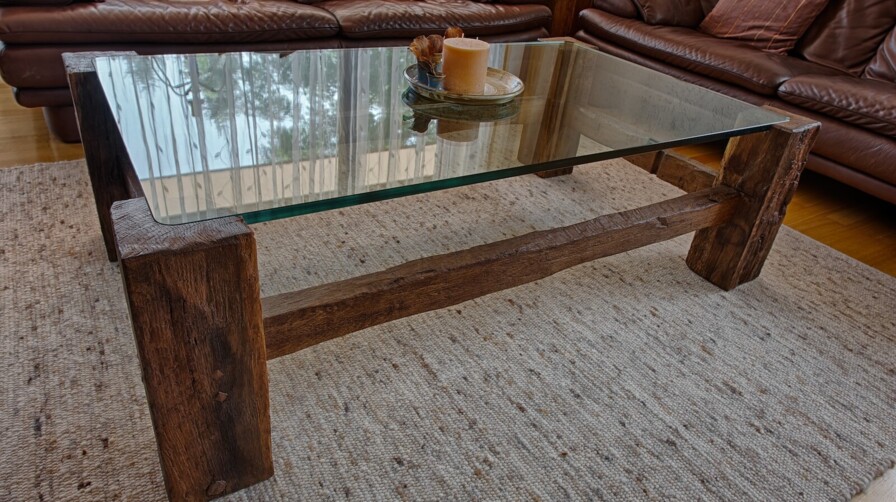 Couchtisch aus Altholz mit Glasplatte, darauf ein Deko-Tablett mit Kerze. Im Hintergrund ein braunes Ledersofa.