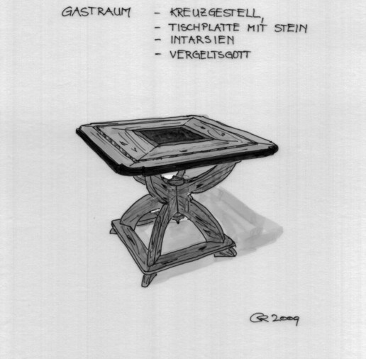 Handskizze eines Wirtshaustischs für den Gastraum, mit Kreuzgestell, Steineinlage und Intarsien.