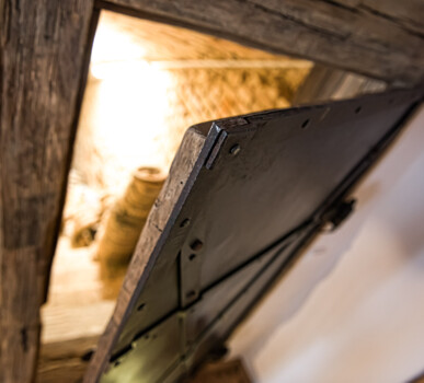 Kellertüre aus Altholz mit Eisenbeschlag, Blick in eine warm beleuchteten Kellerabgang.