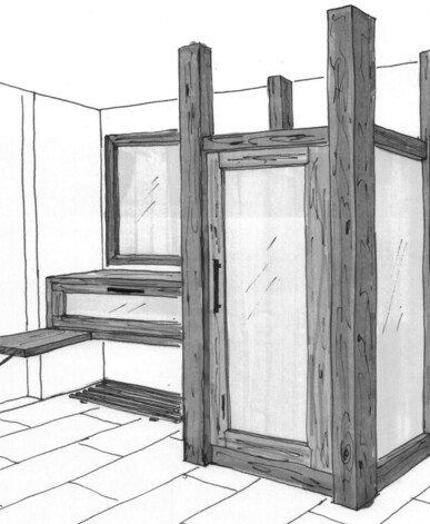 Skizze eines maßgefertigten Garderobenschranks aus Altholz mit Glas, Bank und Ablage im Vorraum.